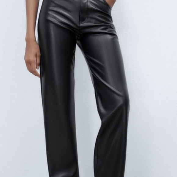 Zara pants leather faux  straight leg black womens high waisted 5 Pockets zip - Picture 11 of 16